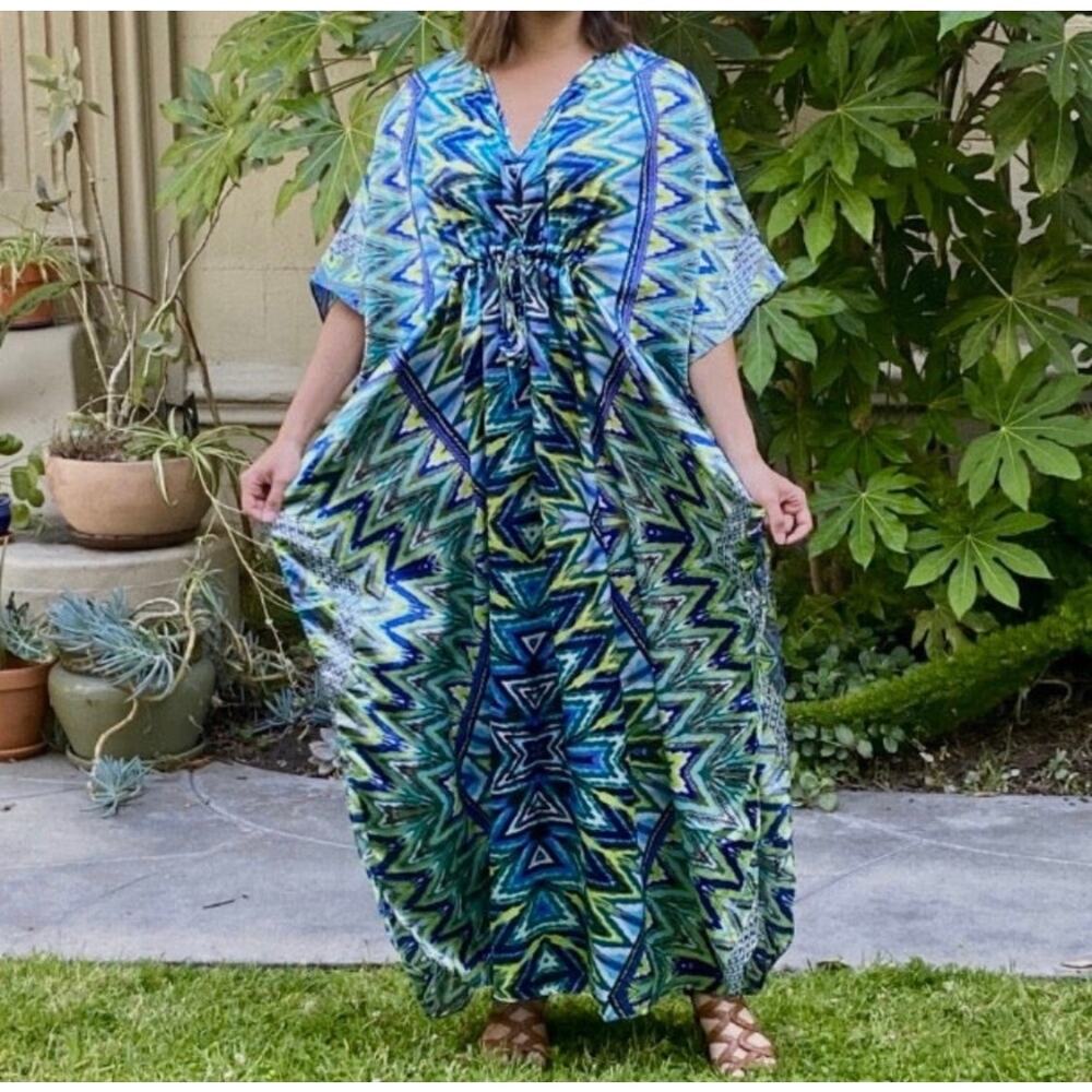 CARESS mixed Blue Drawstring Lounge Swim Coverup Caftan Resort-wear Dress